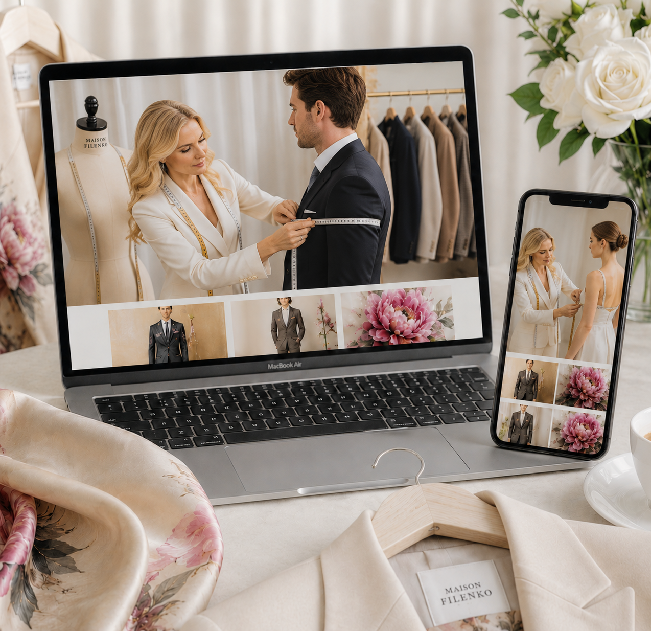 Luxury online couture consultation by Maison FILENKO featuring video measurements, bespoke tailoring, fashion sketches, premium fabrics and worldwide made-to-order service.