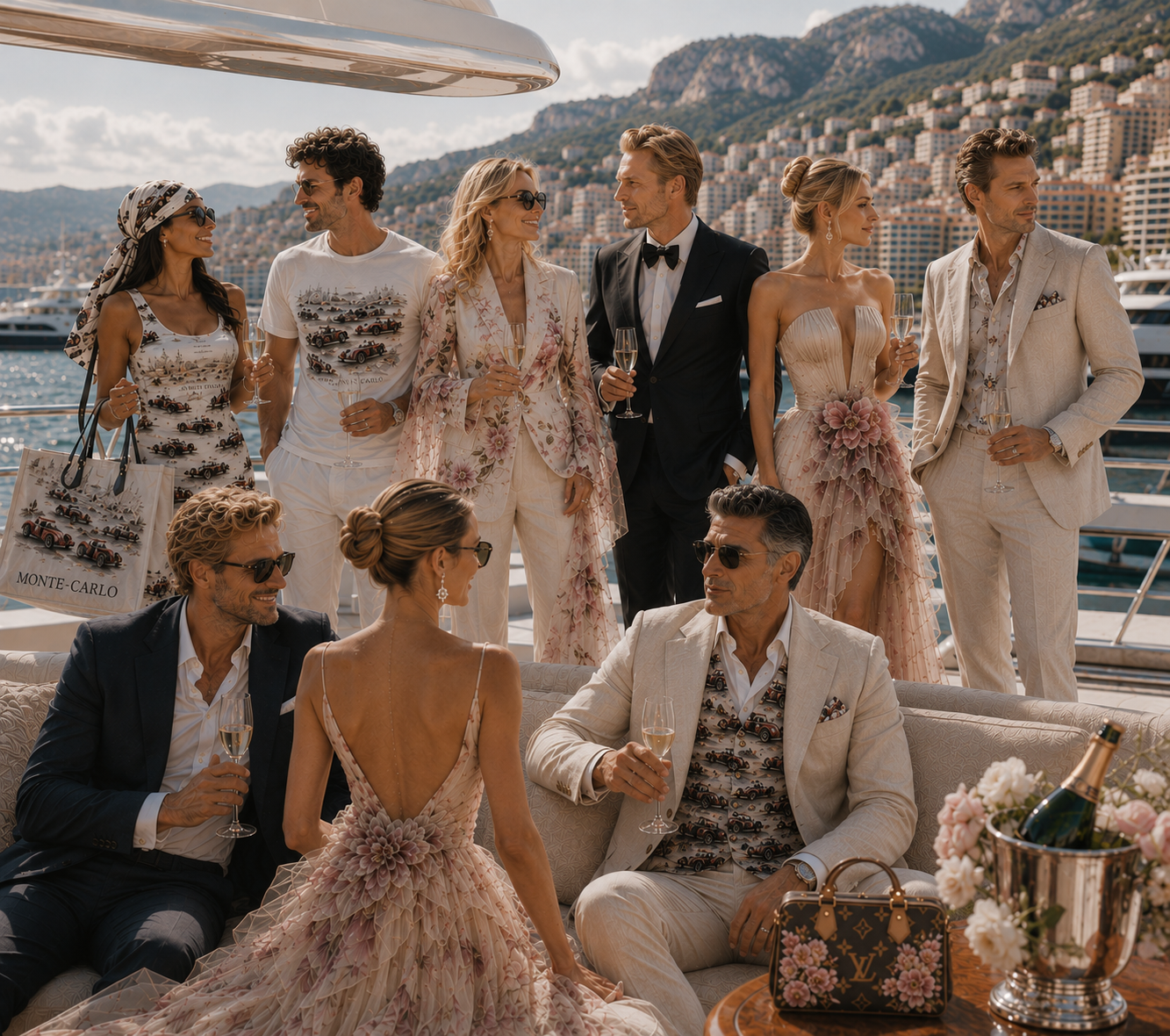 Luxury hand-painted couture collection by Maison FILENKO featuring bespoke floral artwork on leather bags, jackets, silk scarves and evening dresses inspired by Monaco and the French Riviera.